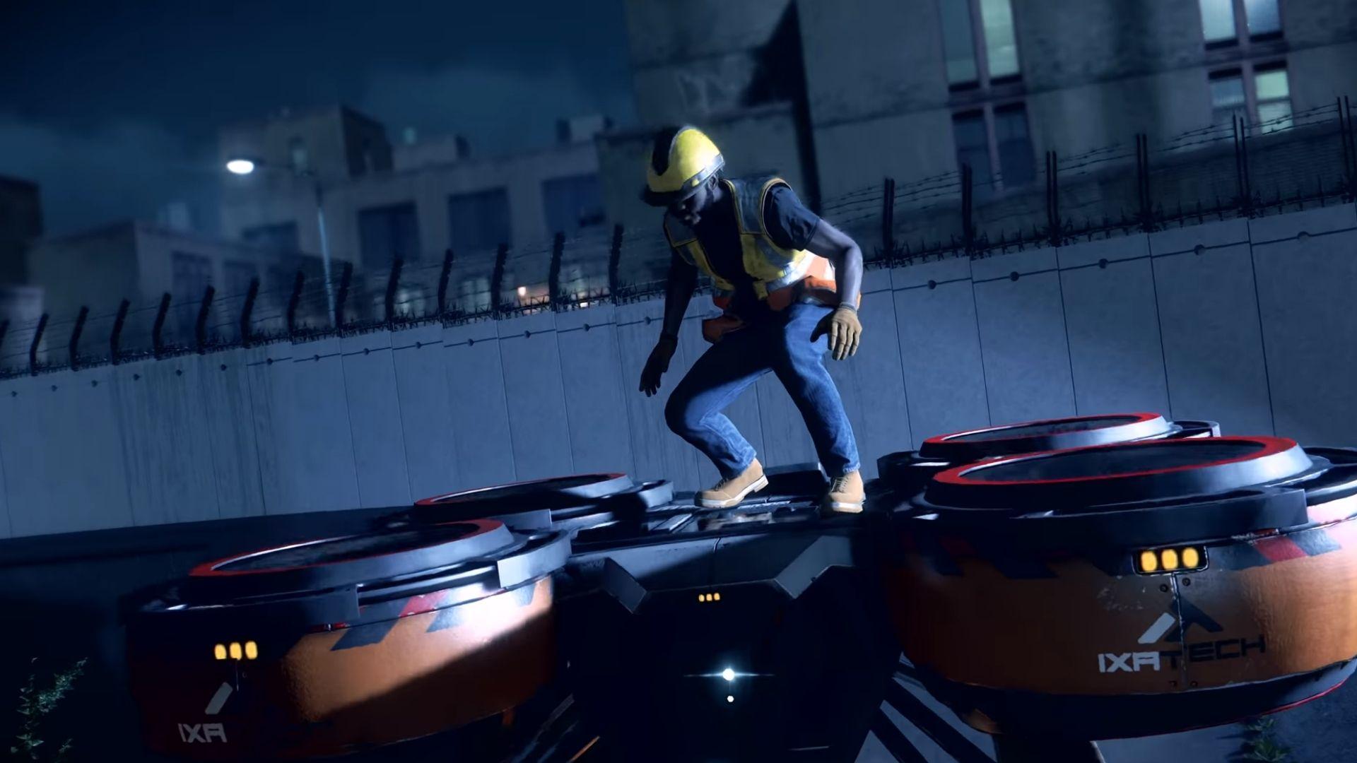 A builder on top of a drone in Watch Dogs Legion