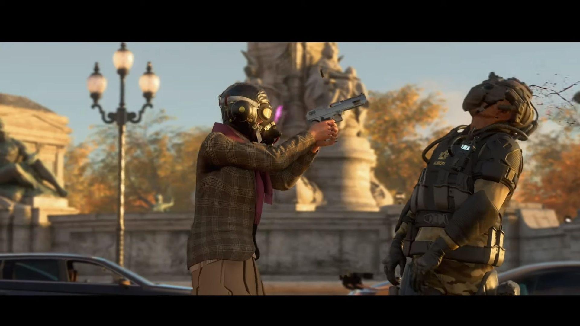 An old woman shooting someone in the head in Watch Dogs Legion