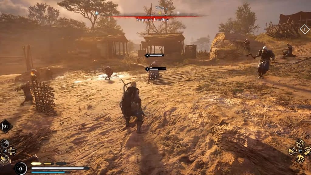 Eivor is fighting a group of enemies in Assassin's Creed Valhalla