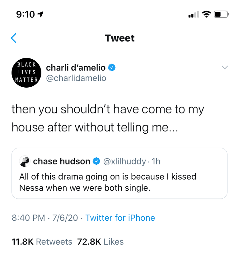 Charli D'Amelio calls out Chase Hudson on Twitter.
