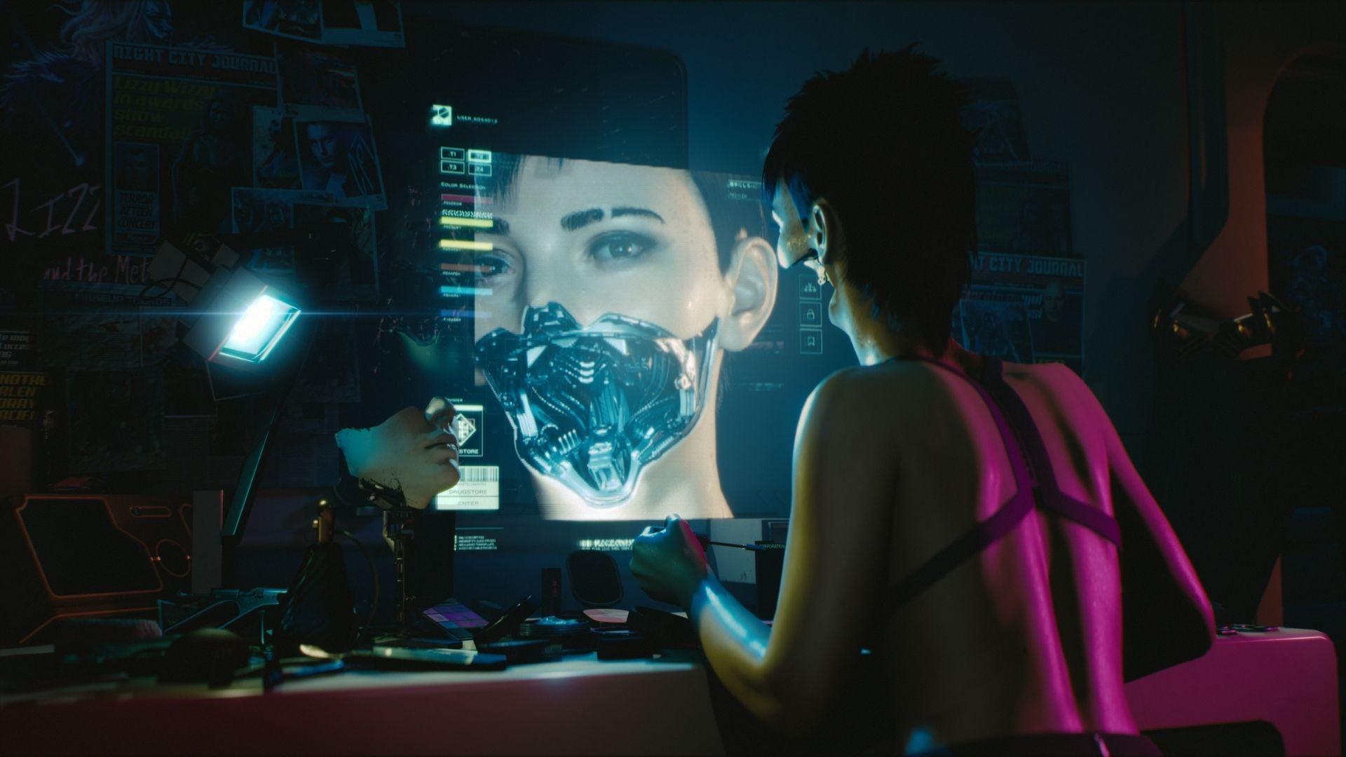 A character looking at a screen in Cyberpunk 2077