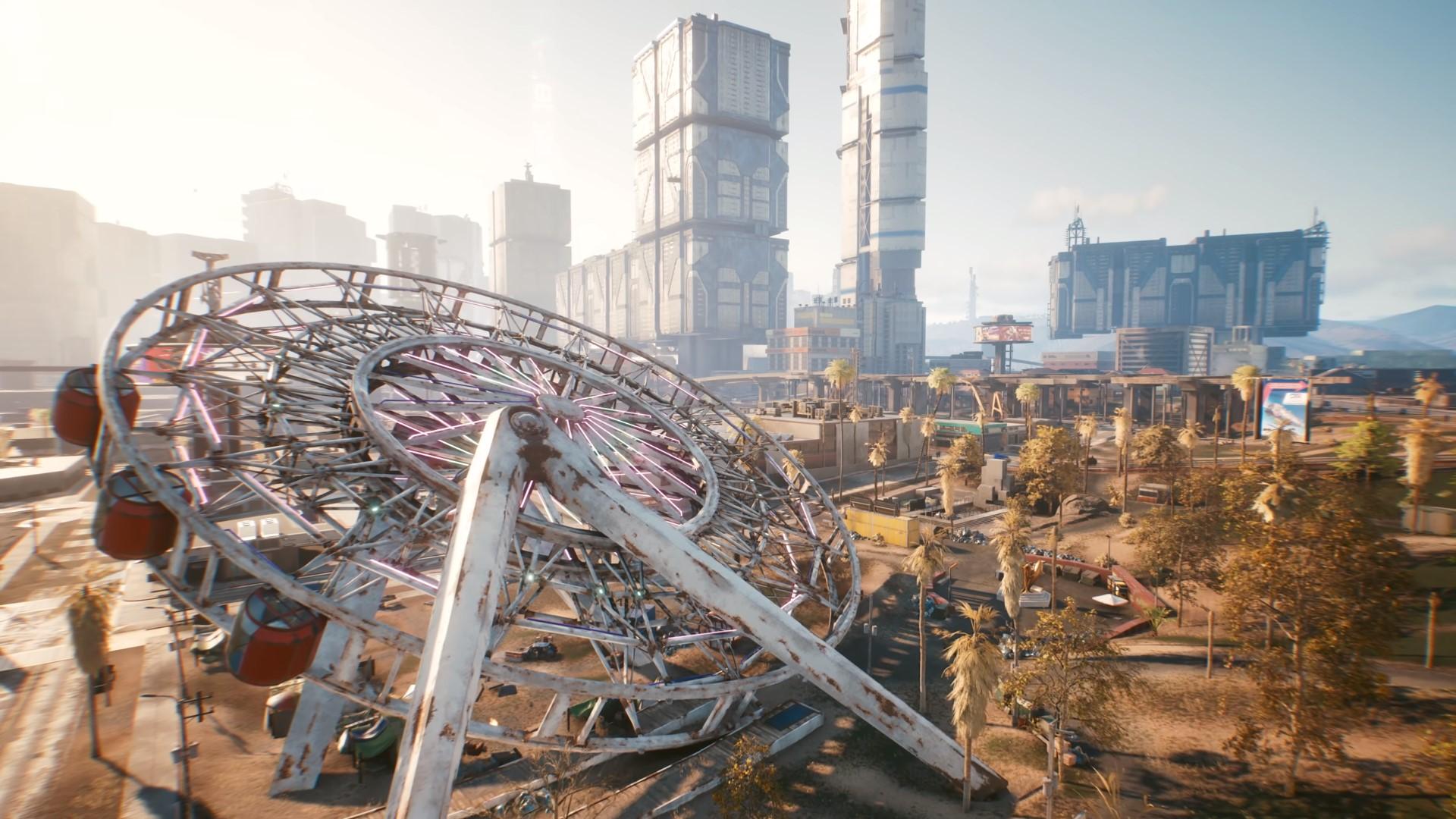 A fallen over Ferris Wheel in Cyberpunk 2077
