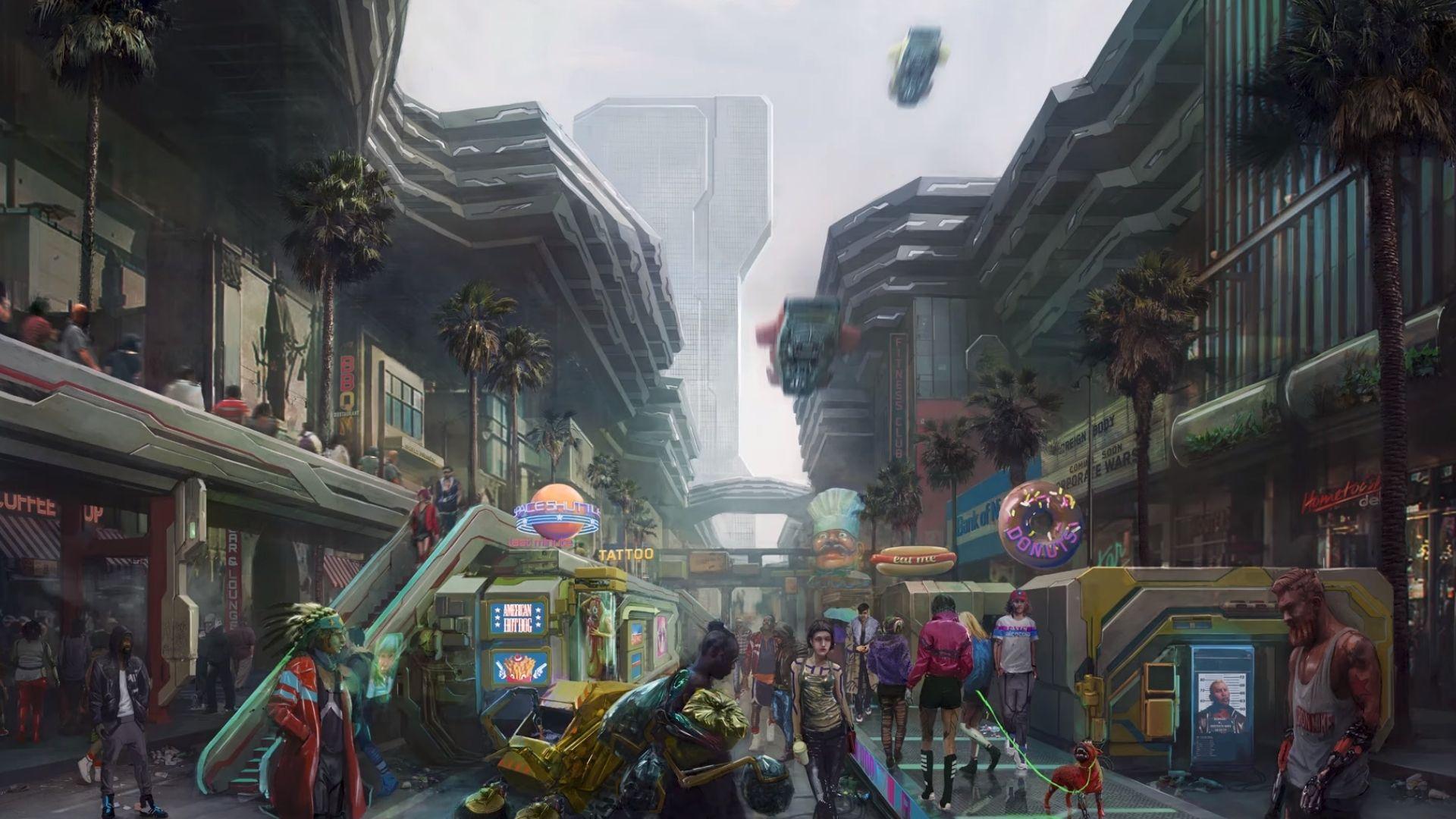 A populated market in Heywood in Cyberpunk 2077