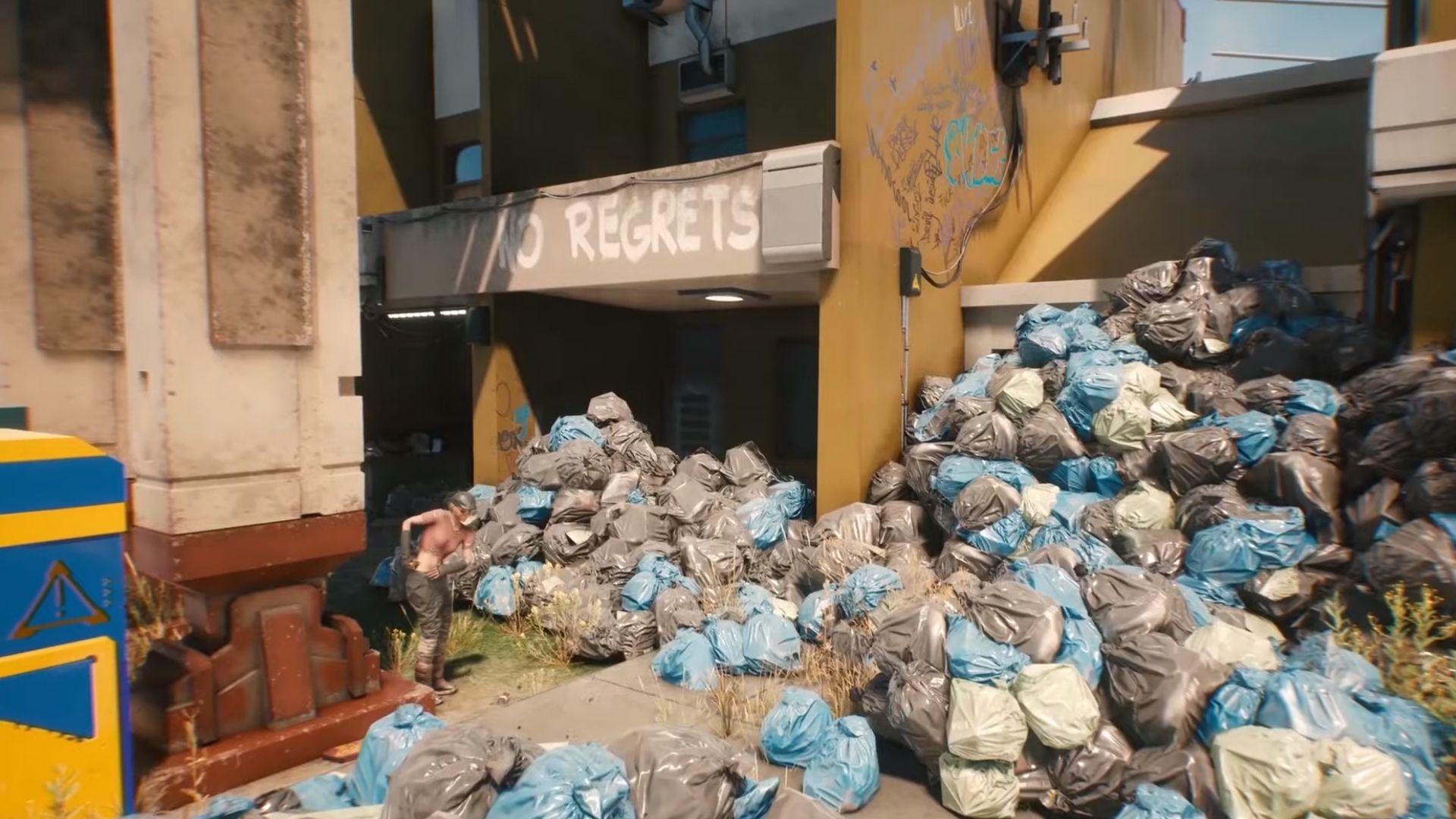 Lots of trash bags in Watson in Cyberpunk 2077