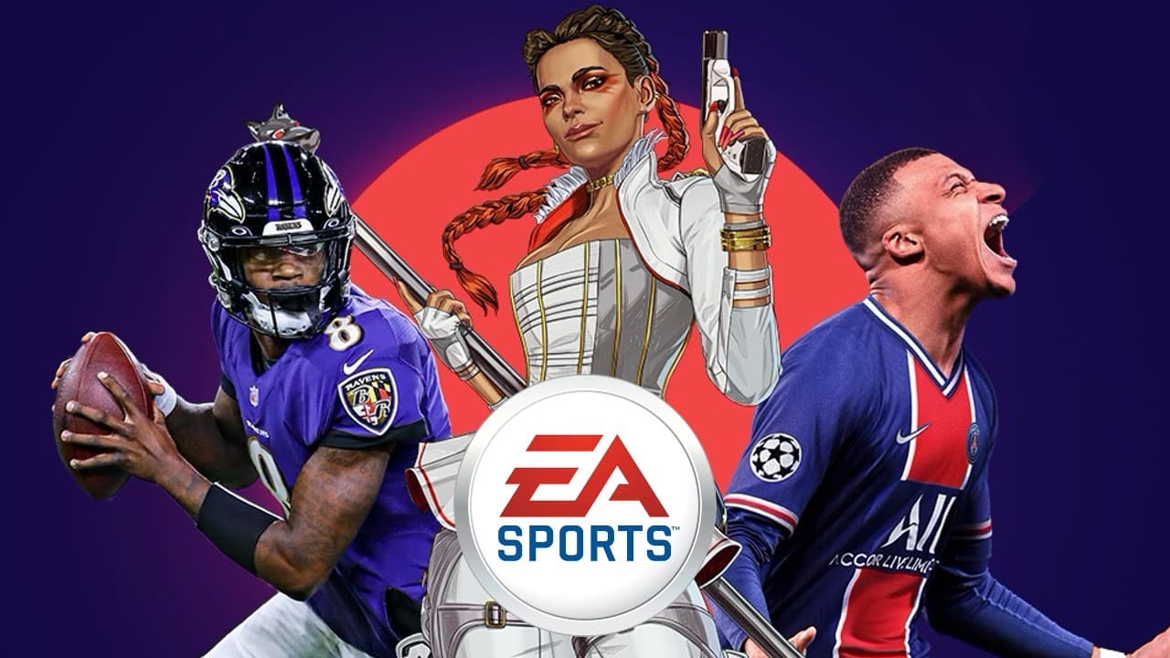 Various EA characters surrounding the EA logo