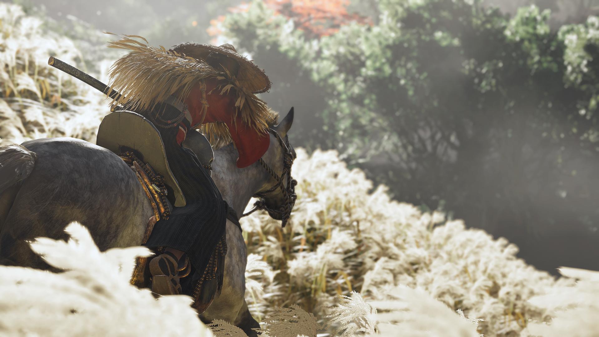 Jin Sakai riding a horse into a forest in Ghost of Tsushima