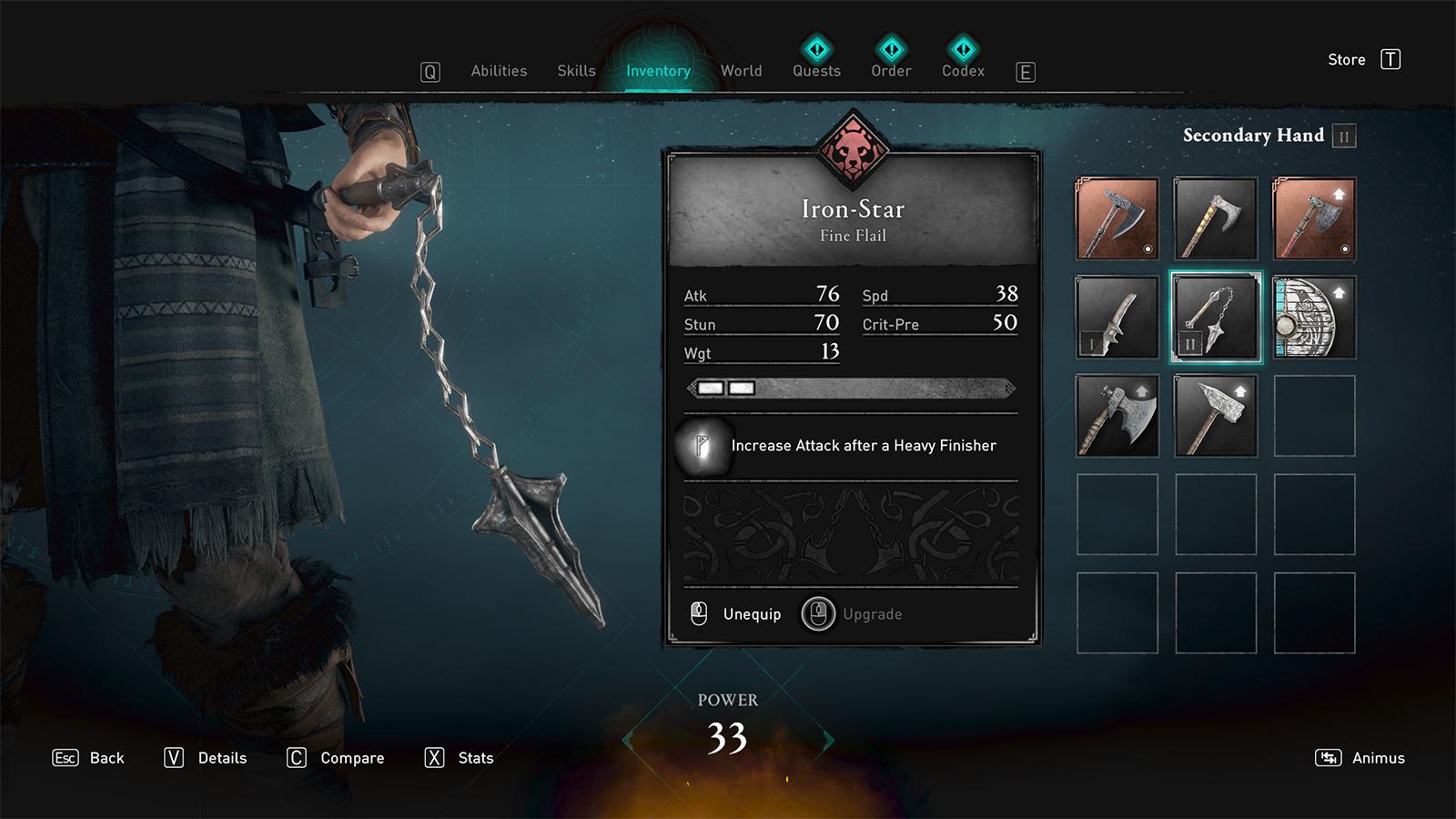 The Iron-Star weapon shown in Assassin's Creed Valhalla with its stats