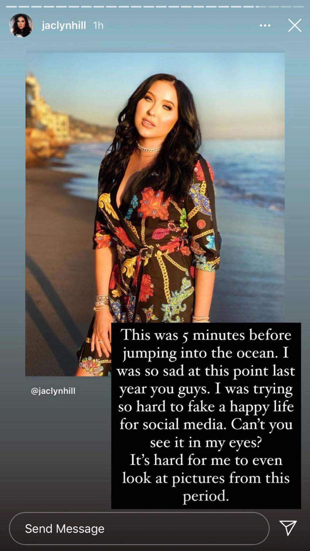 Jaclyn Hill poses on the beach with a caption on her Instagram story.
