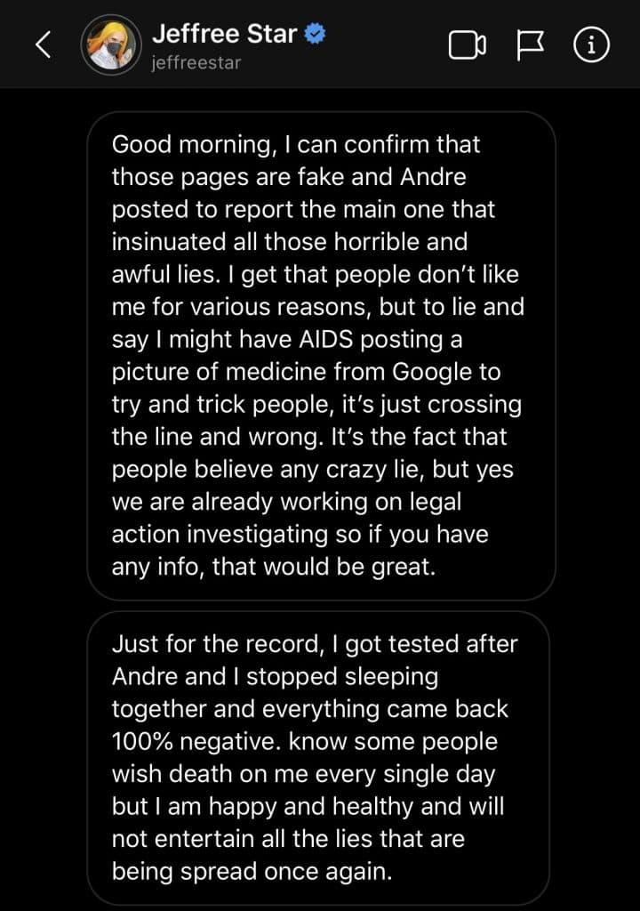 Jeffree Star responds to allegations of having a sexually transmitted disease in a series of messages.