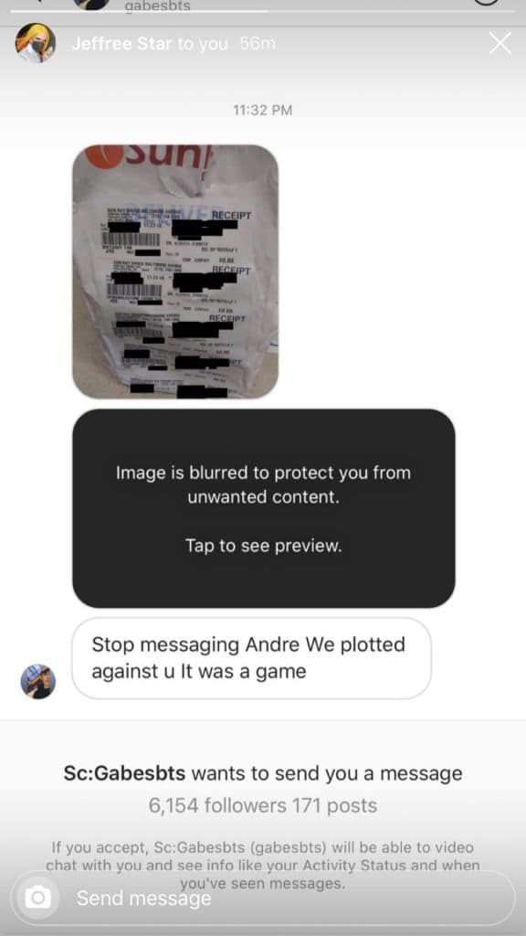 Jeffree Star shares a screenshot from a private messaging conversation.