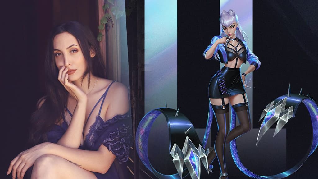 K/DA Evelynn with All Out costume next to Glory Lamothe