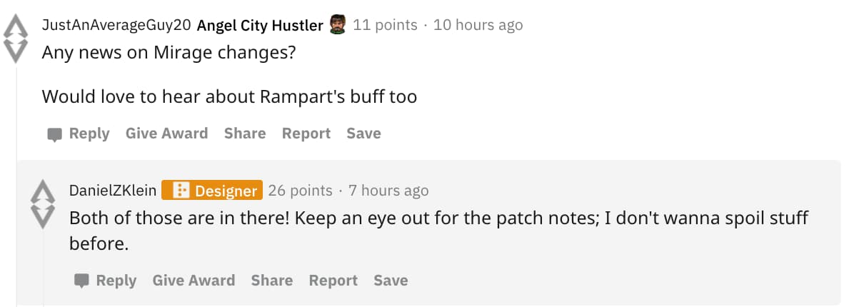 Apex Legends comment on reddit about Rampart buffs