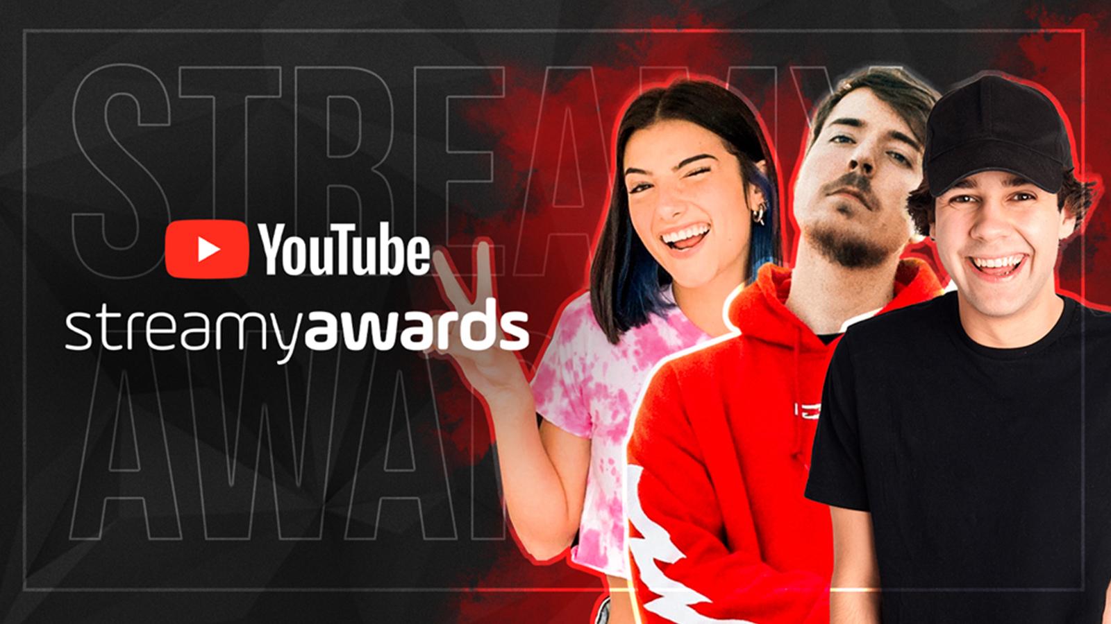 Mr Beast, David Dobrik, and Charli D'Amelio pose on a graphic featuring the Streamy Awards logo.