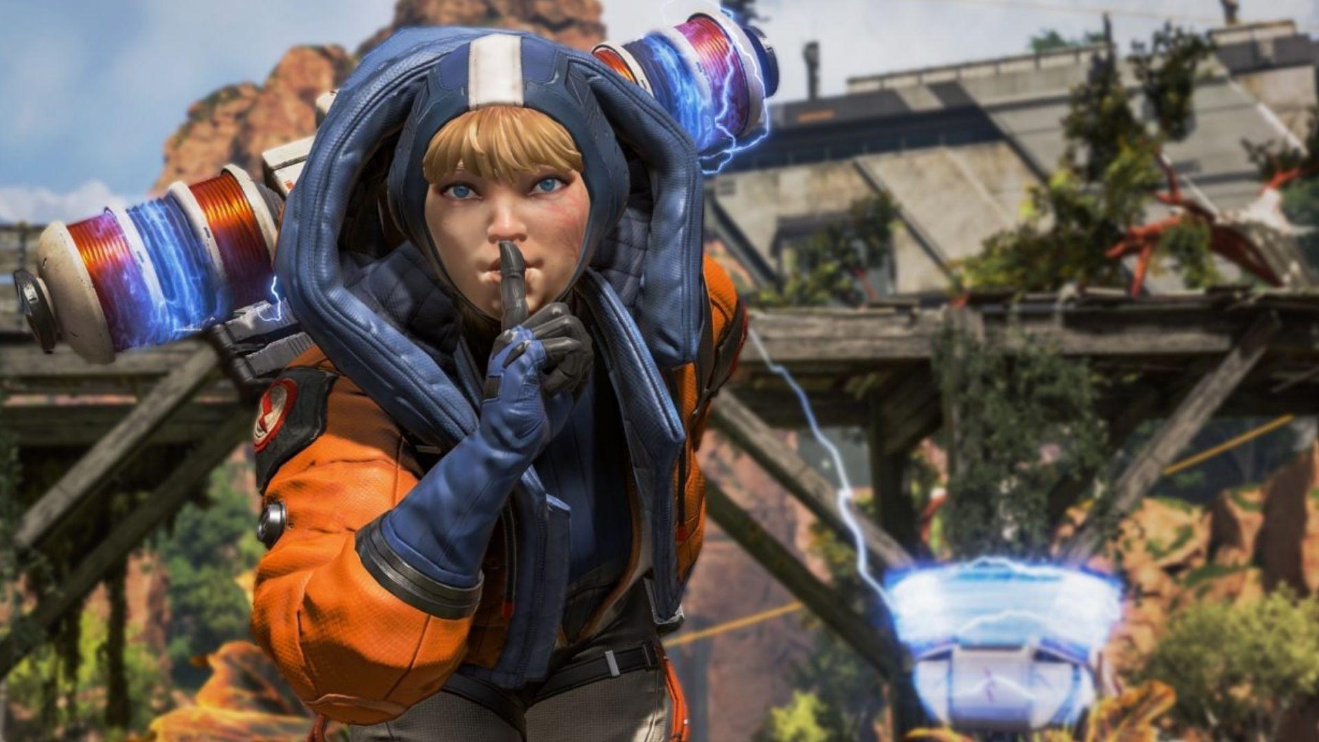 Wattson stands in front of her ultimate and shushes the camera in Apex Legends