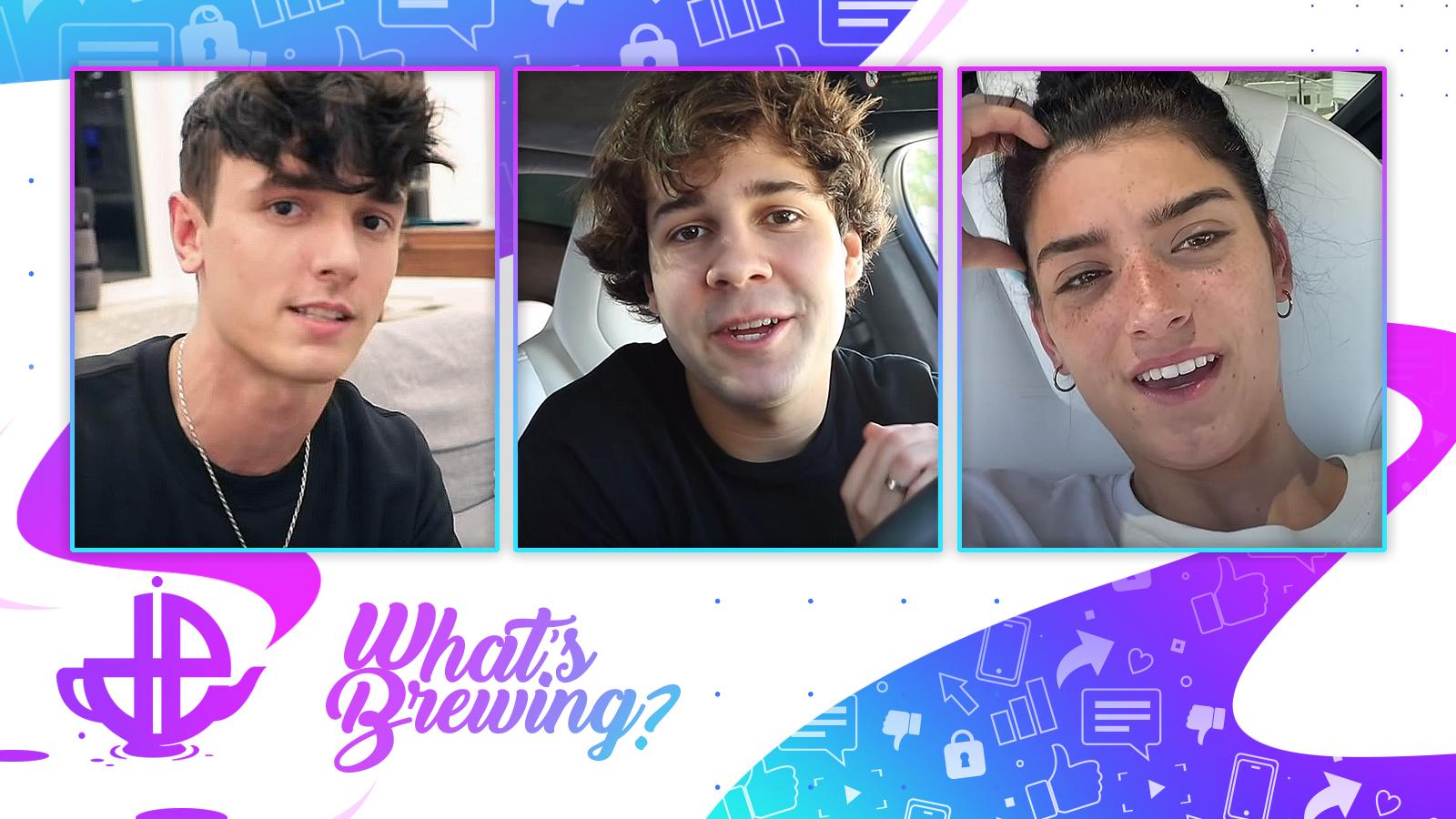 Bryce Hall, David Dobrik and Dixie D'Amelio are pictured on the What's Brewing logo.