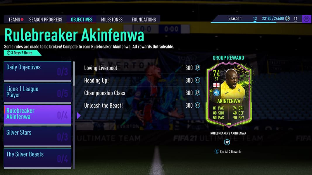 Screenshot of Akinfenwa's rulebreakers objectives in FIFA