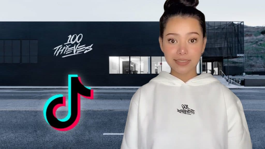 Bella Poarch is pictured next to the TikTok Logo and the 100 Thieves Cashapp Compound.
