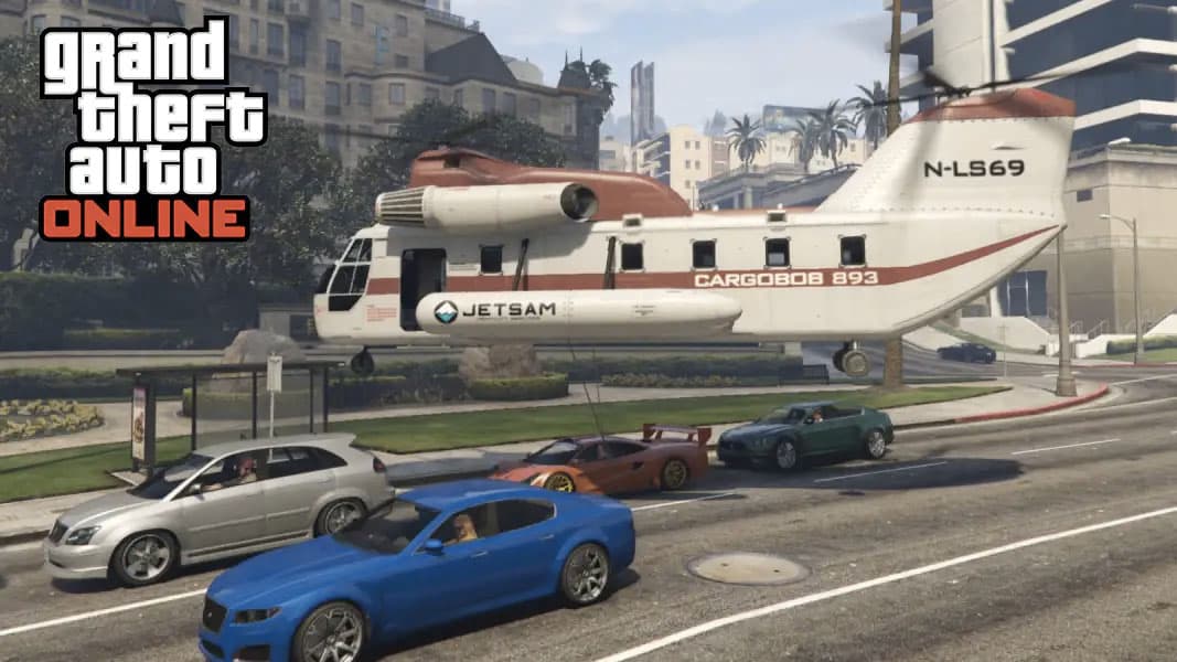 A Cargobob helicopter lifting a car in GTA Online
