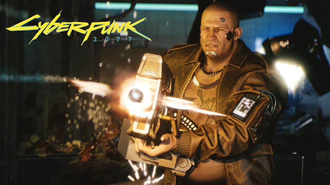 Cyberpunk character shooting a weapon