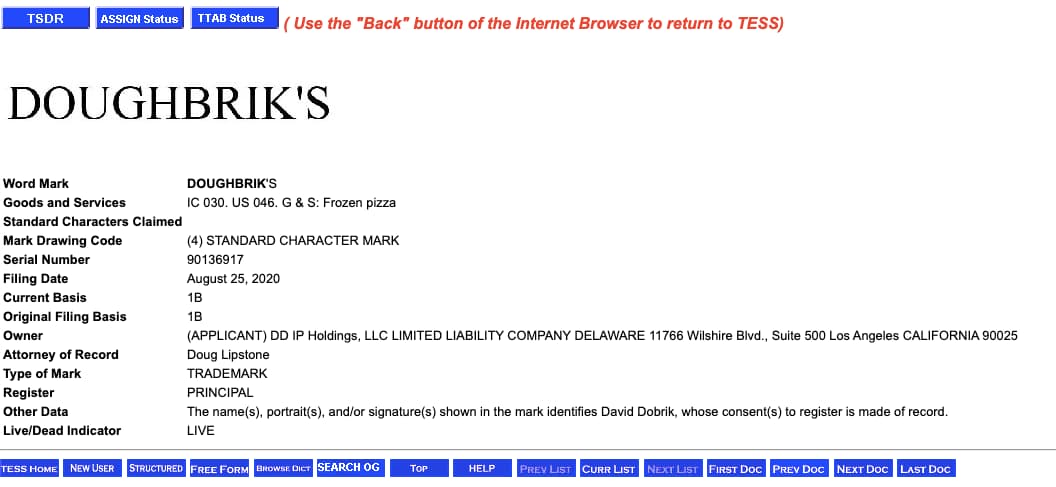 Screenshot of the US Patent office search for Dougbrik's