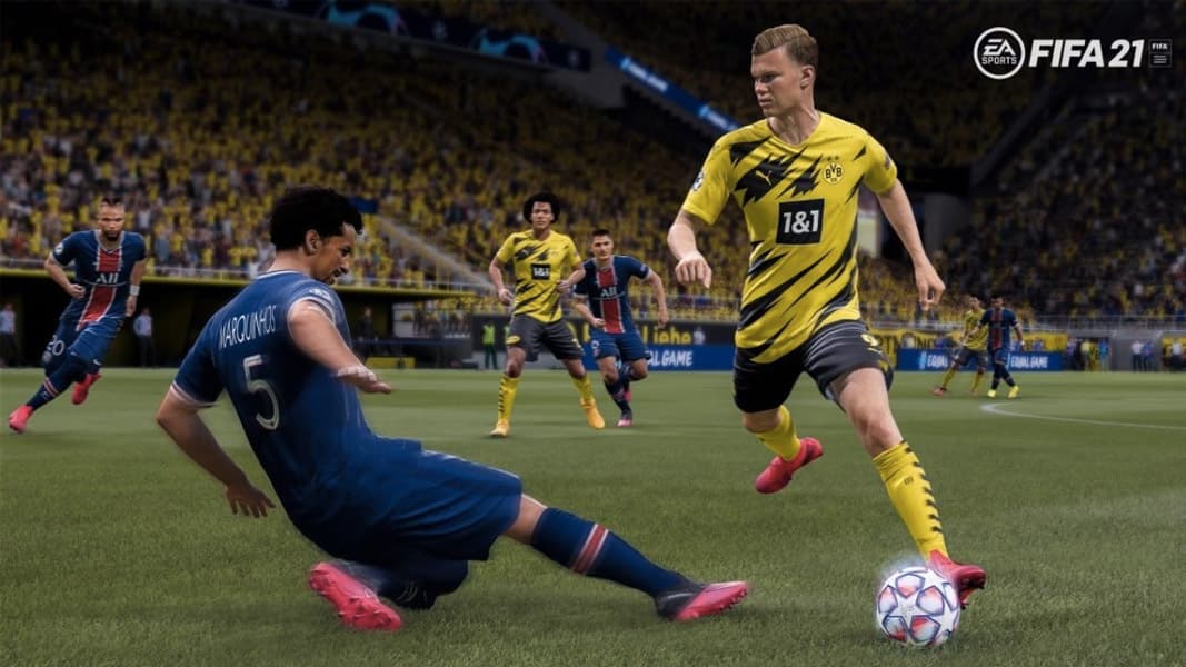 Erling Haaland avoiding a tackle in FIFA 21
