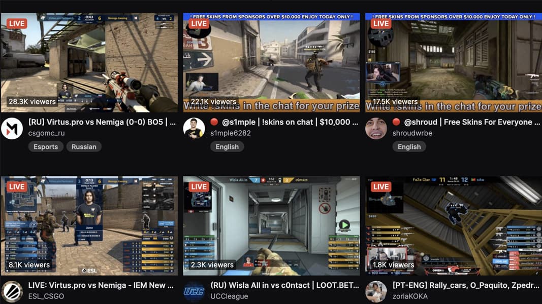 Screenshot of Twitch showing the CSGO category with fake streams