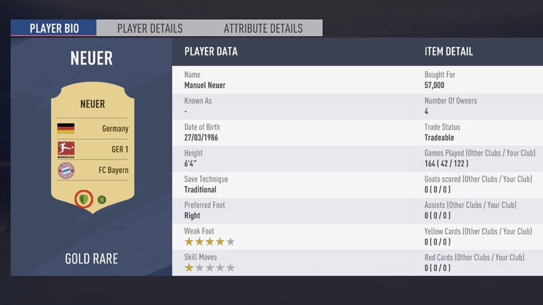 Manuel Neuer card in FIFA