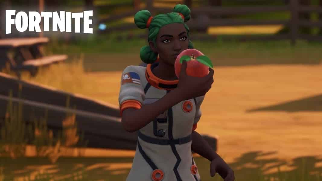 Fortnite character eating an apple in weeping woods
