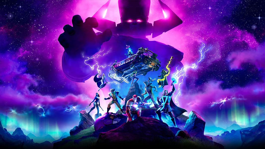 Galactus and Marvel hereos in fortnite