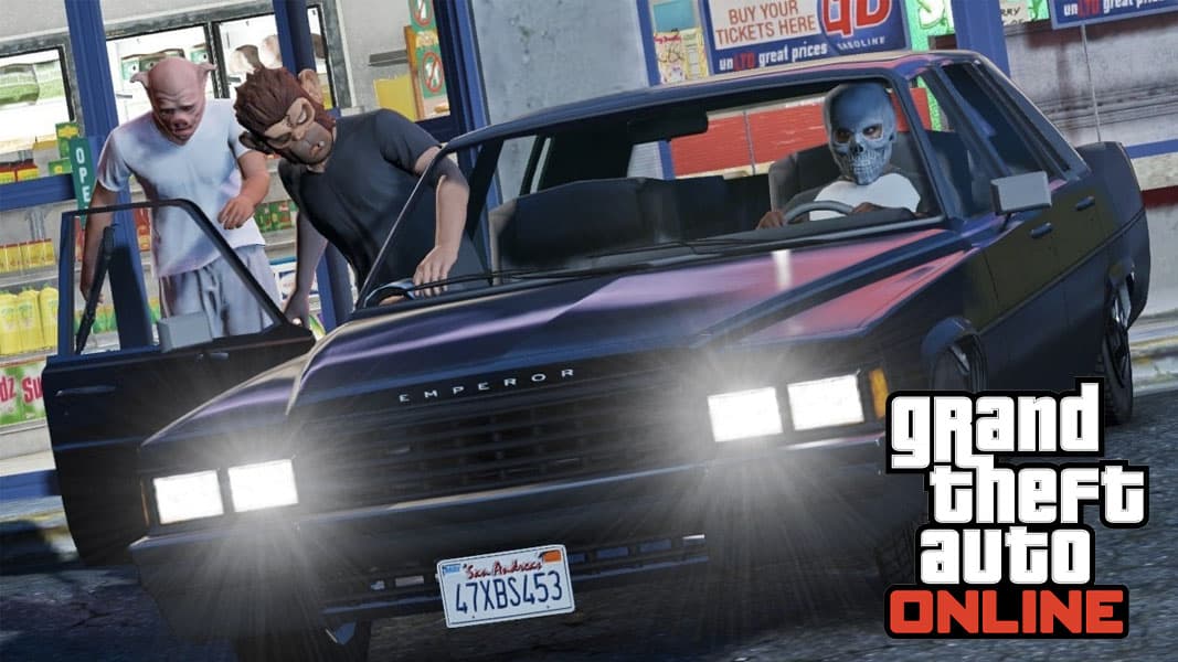 Masked GTA Online characters getting into a car