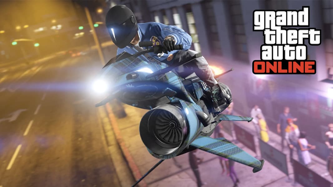 GTA online character flying a MK II Oppressor