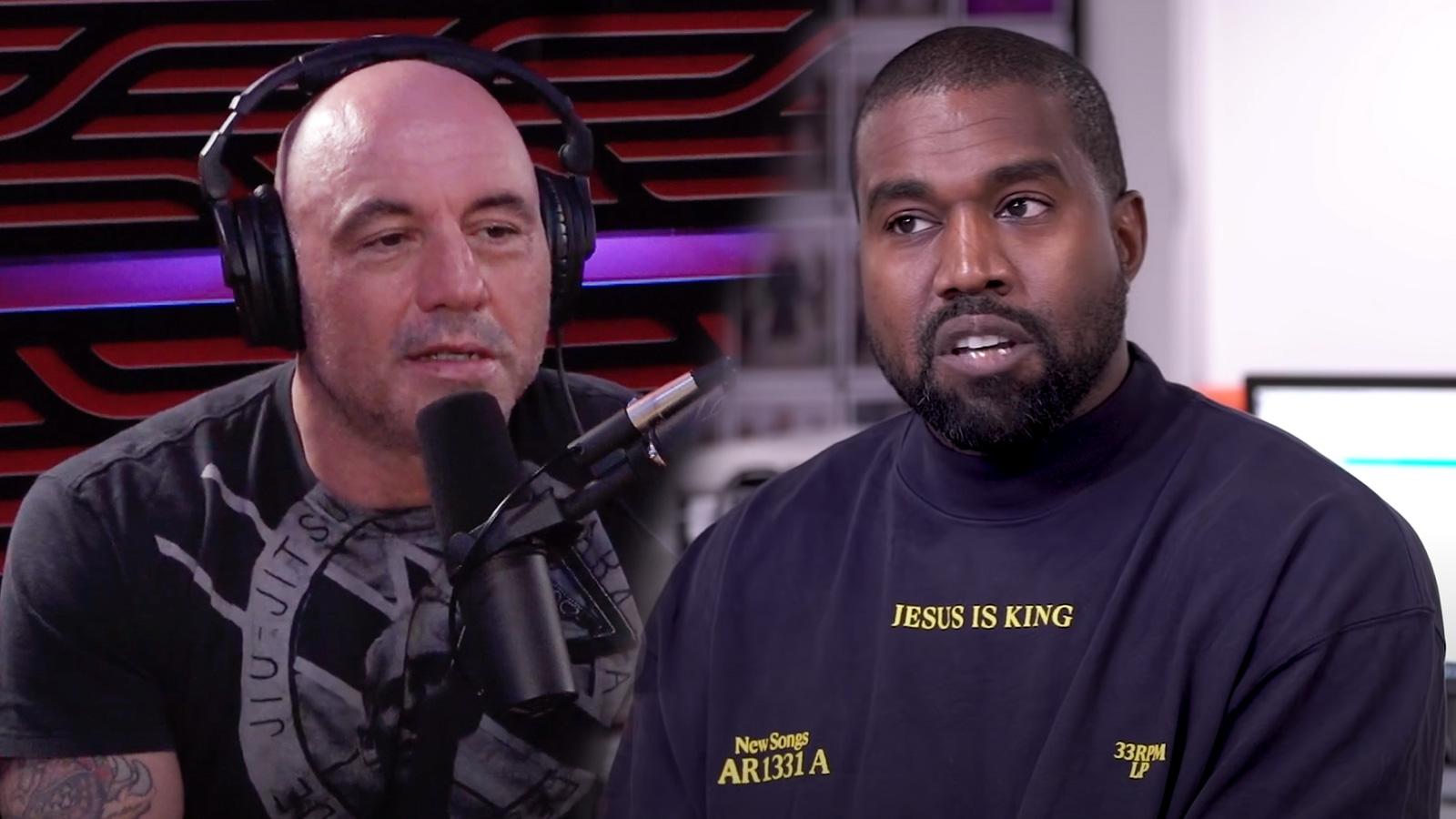 Joe Rogan is shown next to a photo of Kanye West.