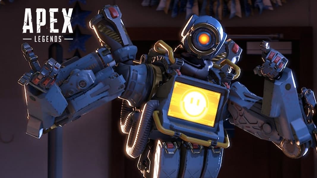 Pathfinder with a blue skin and yellow screen next to the apex legends logo
