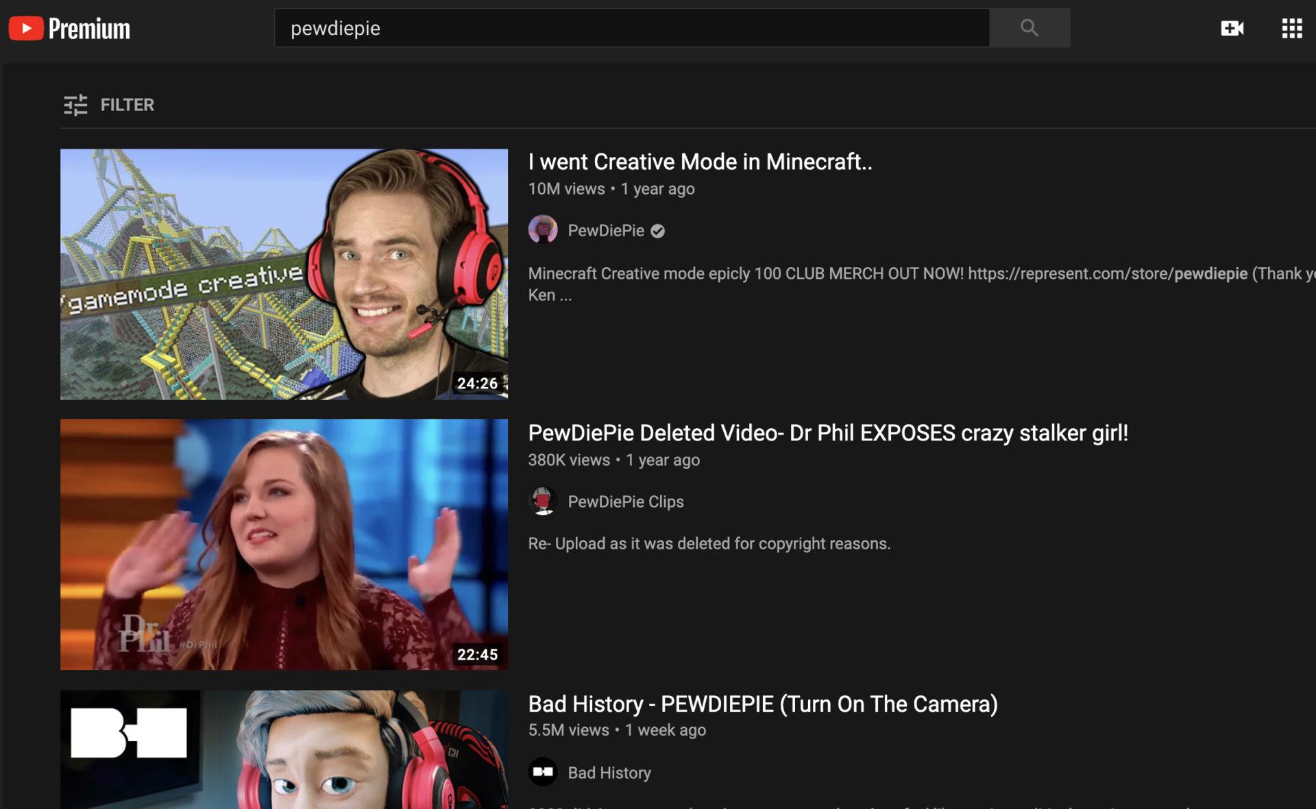 YouTube search results for PewDiePie's channel.