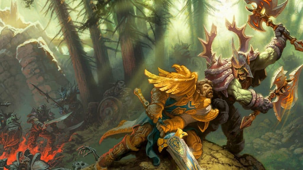 World of Warcraft artwork showing to characters doing battle in a forest.