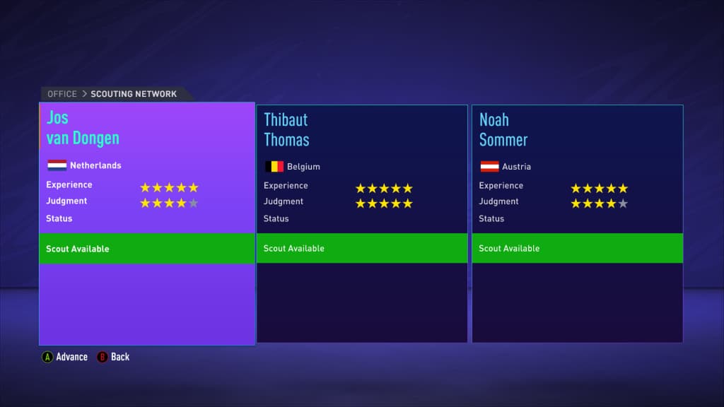 FIFA 21 career mode youth scout screen