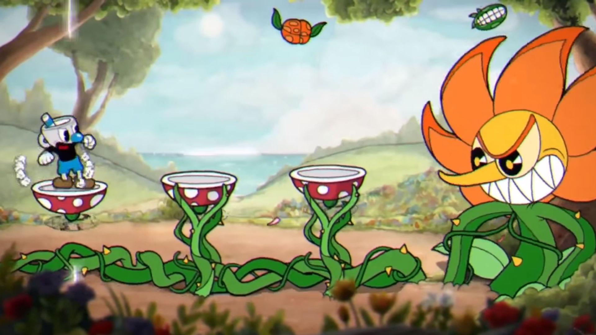 mugman fighting cagney carnation in cuphead