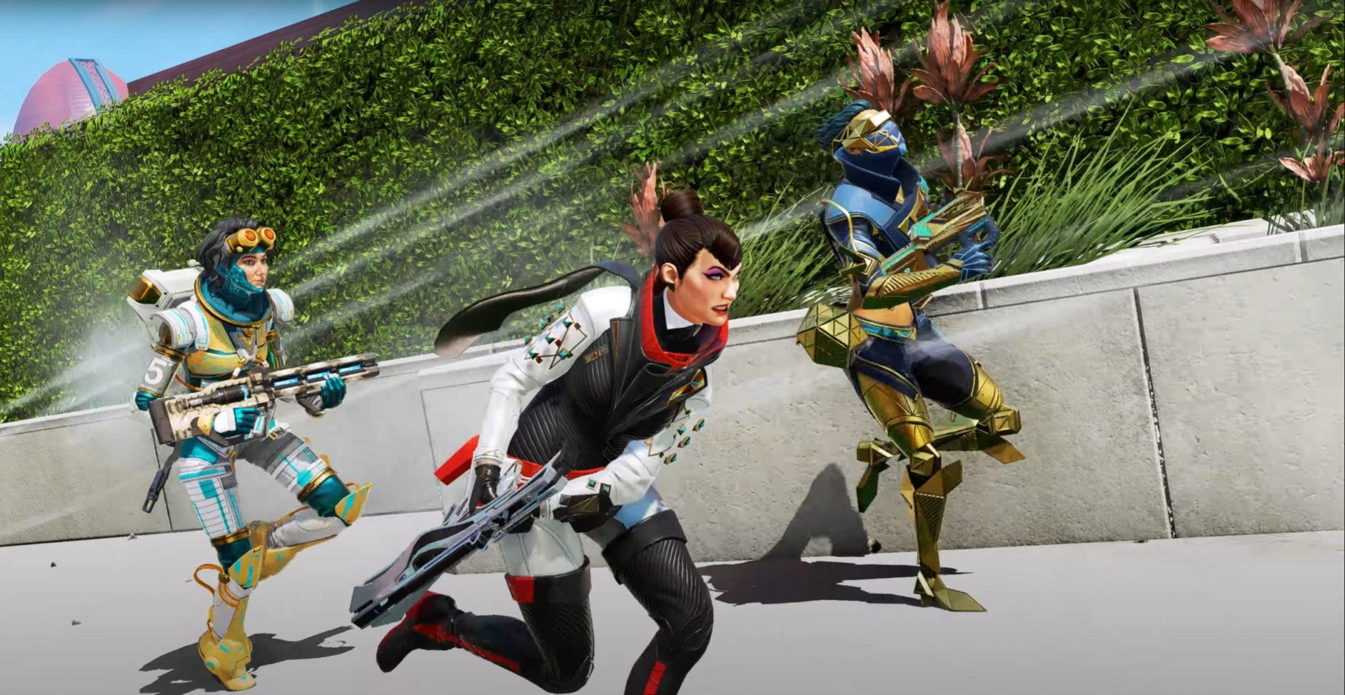Legends running towards right side of image with weapons drawn and bushes behind them