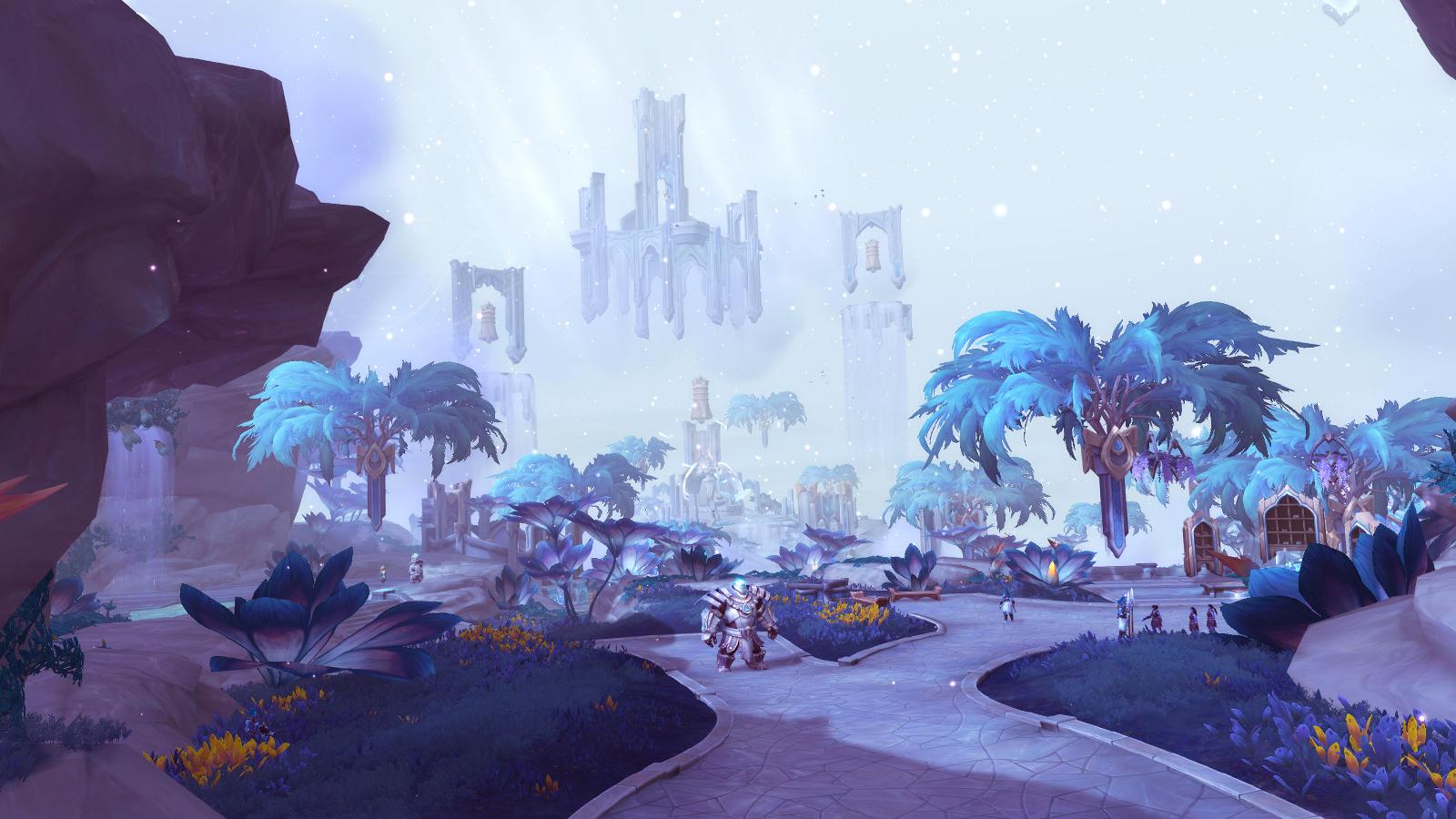 Bastion's zone in WoW, showcasing beautiful celestial buildings