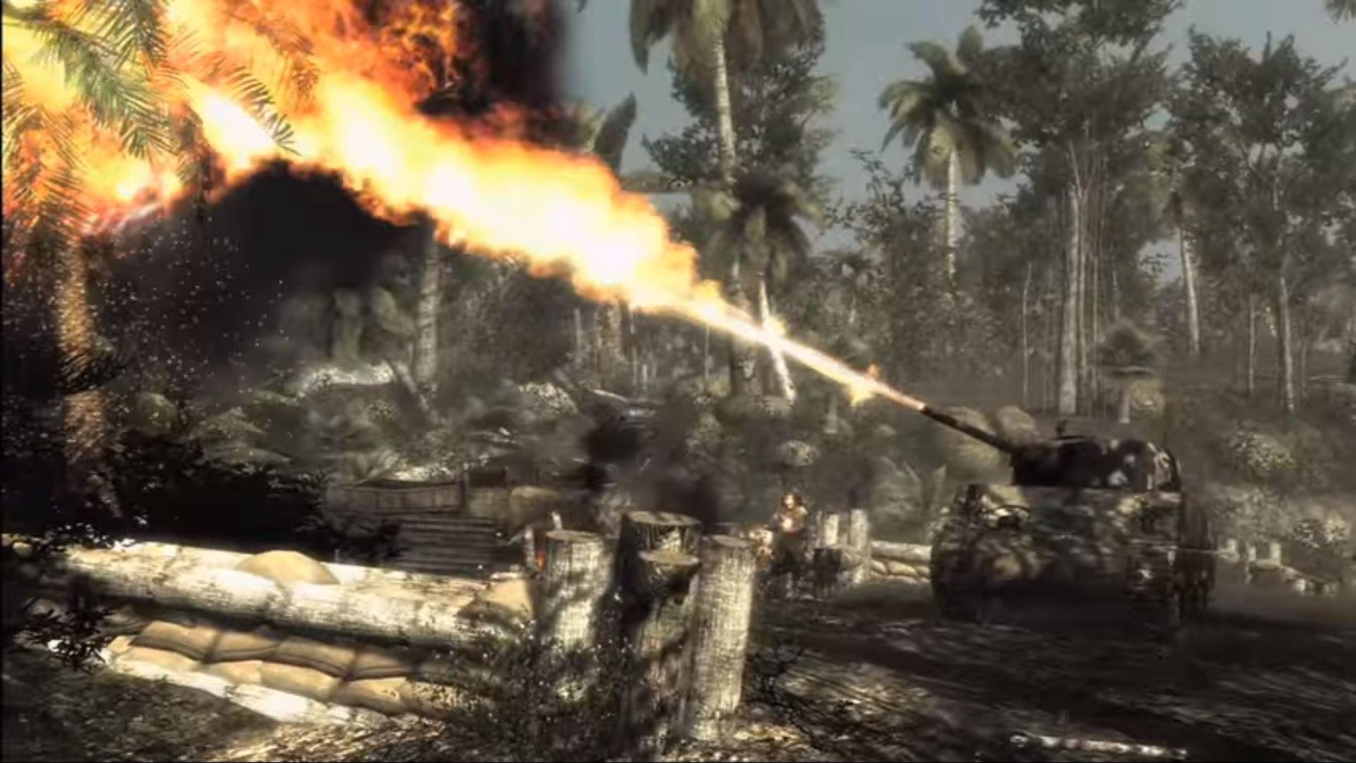 a tank burning a tree in cod world at war