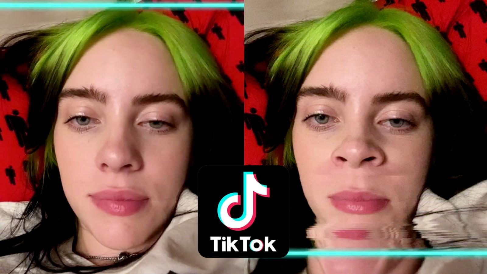 Two images of Billie Eilish using the TikTok timewarp filter, next to the TikTok logo