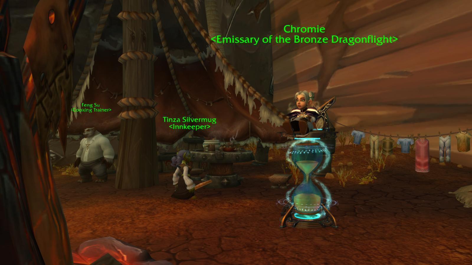Chromie atop an hourglass in the Orgrimmar Embassy