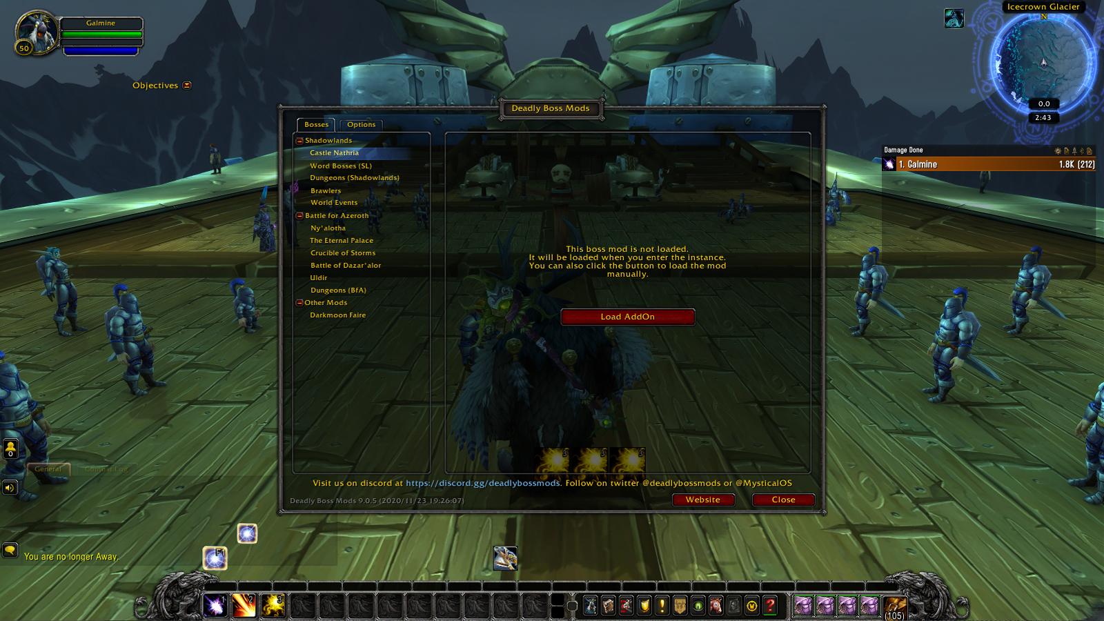 Deadly Boss Mods user interface panel shown in World of Warcraft