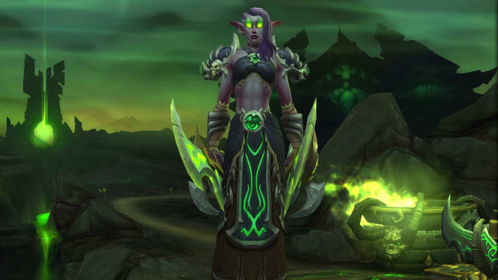 A demon hunter, Night Elf female standing on the starting screen WoW PvP changes