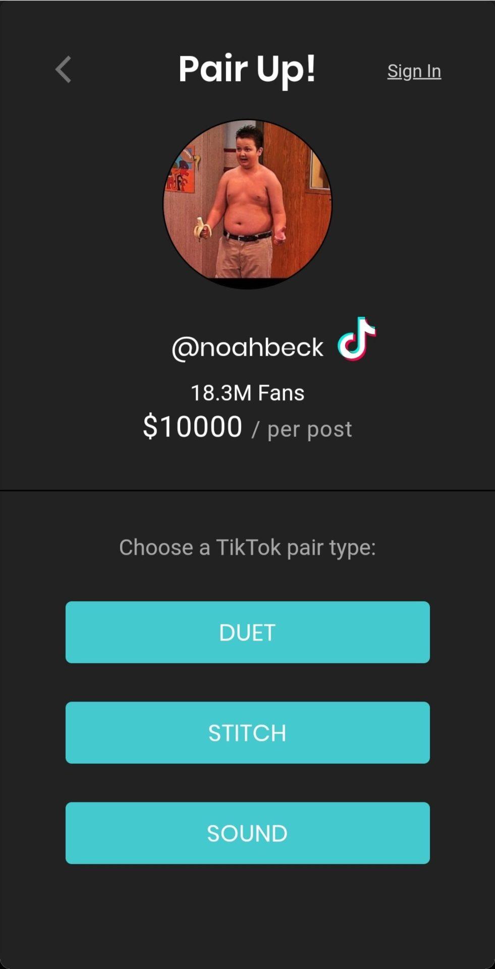 Noah Beck's TikTok advertising a $10,000 price point to duet with him.