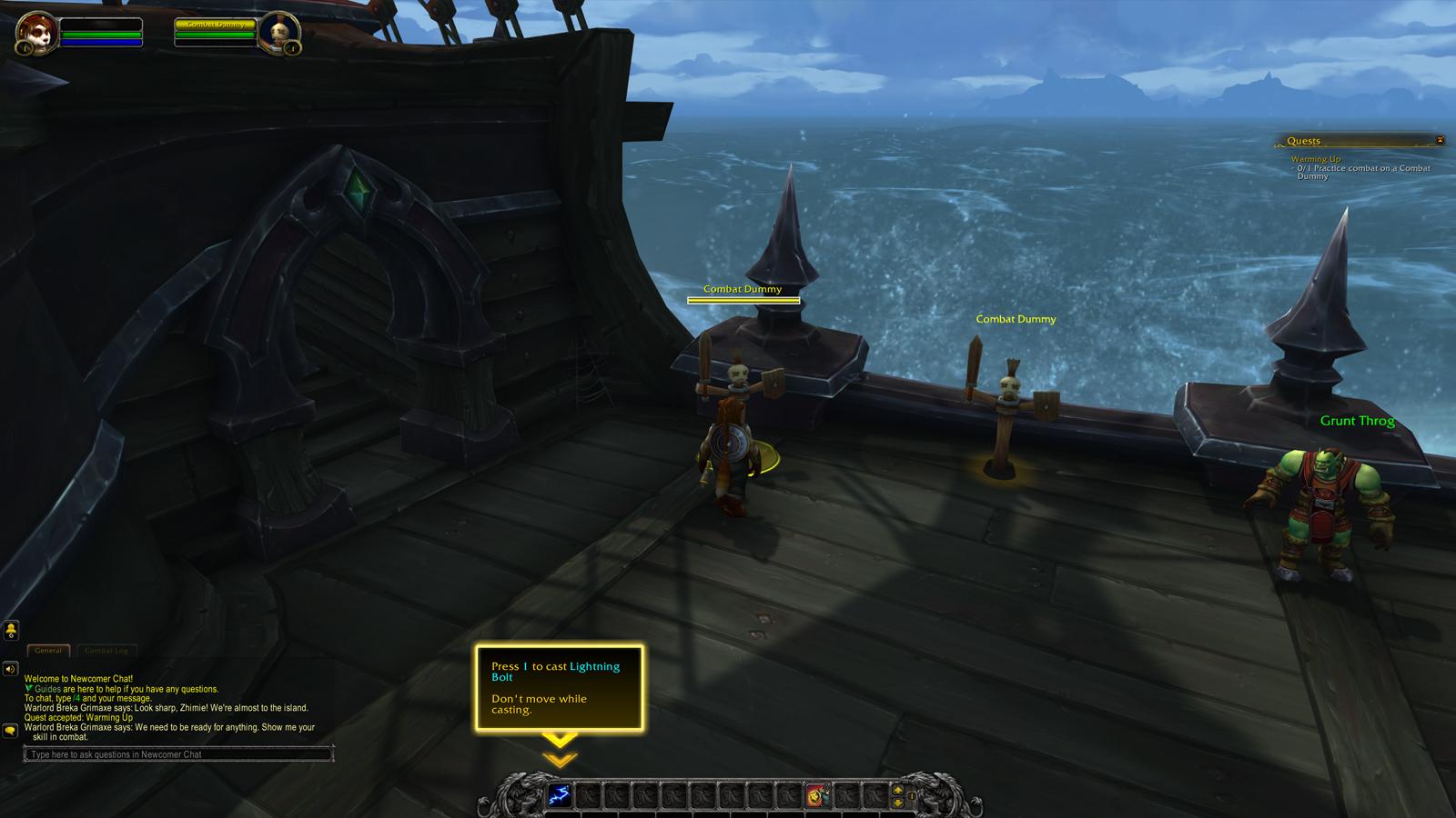 Picture of the WoW UI showing players how to cast their first ability.