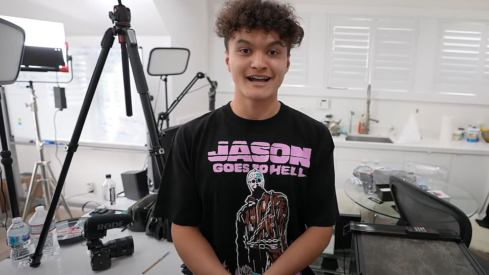 FaZe Jarvis speaks to the camera wearing a shirt with Jason Vorhees on it.