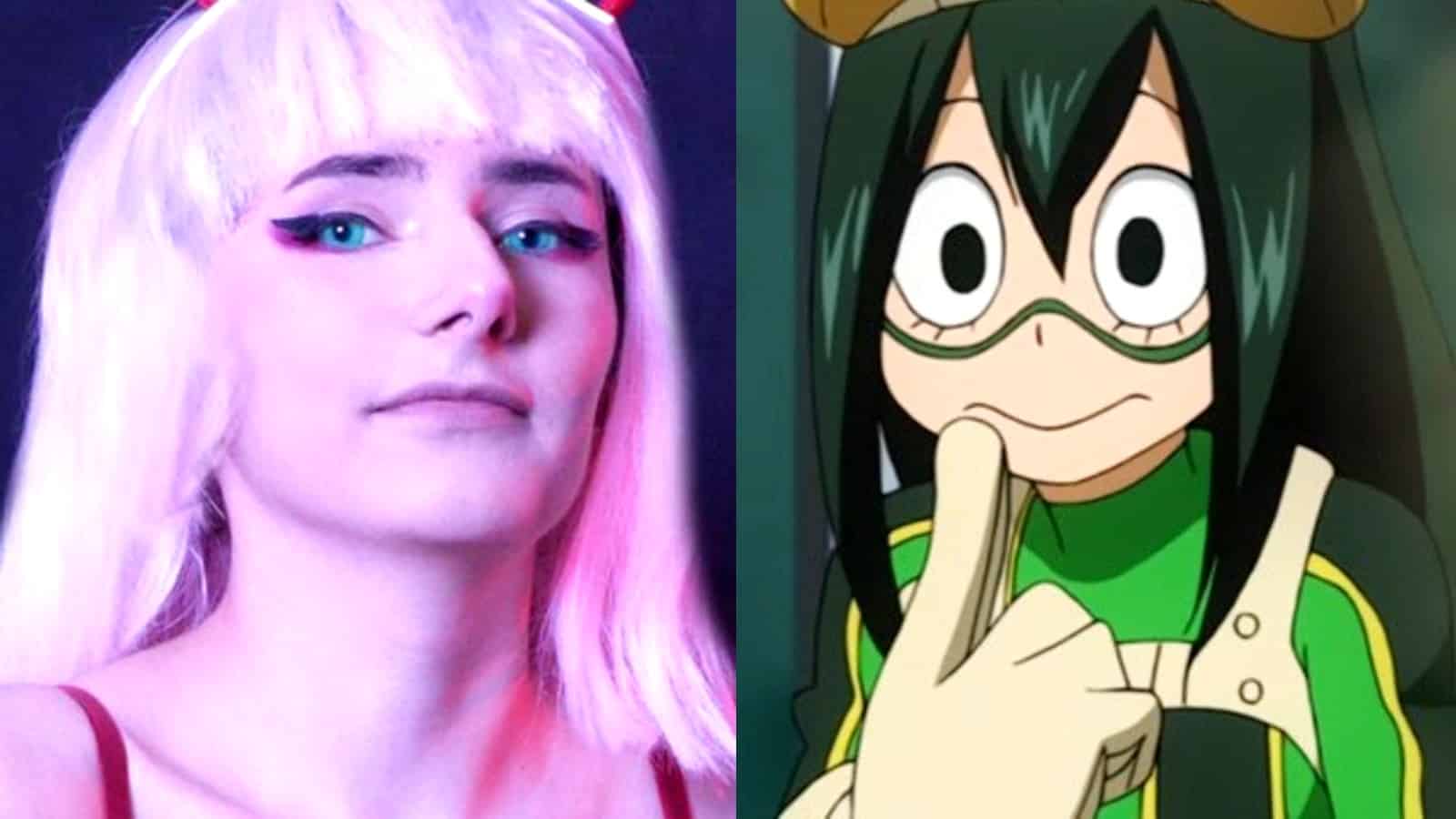 Cosplayer maridesuwu next to an image of Froppy from My Hero Academia