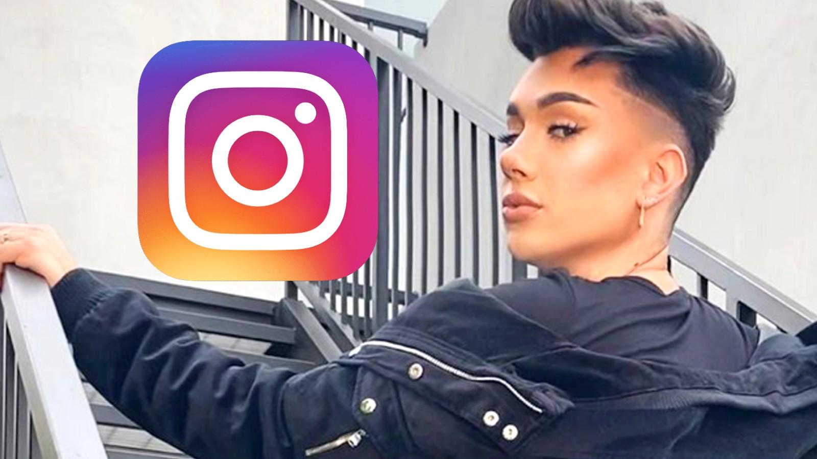 James Charles looks over his shoulder, next to the Instagram logo