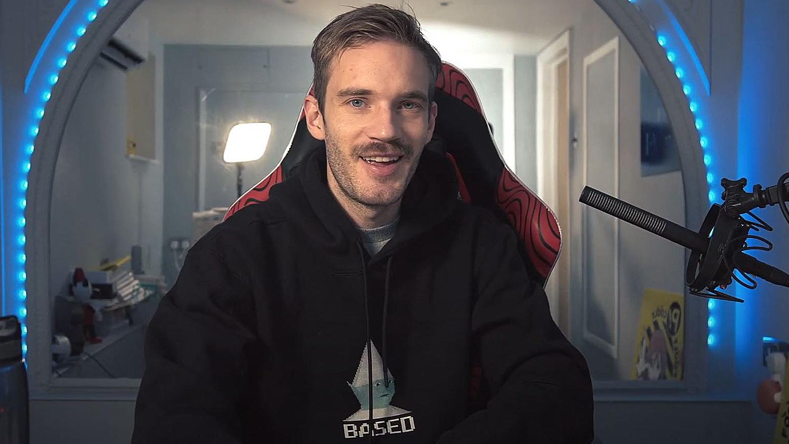 PewDiePie speaks to the camera while sitting at his streaming station.